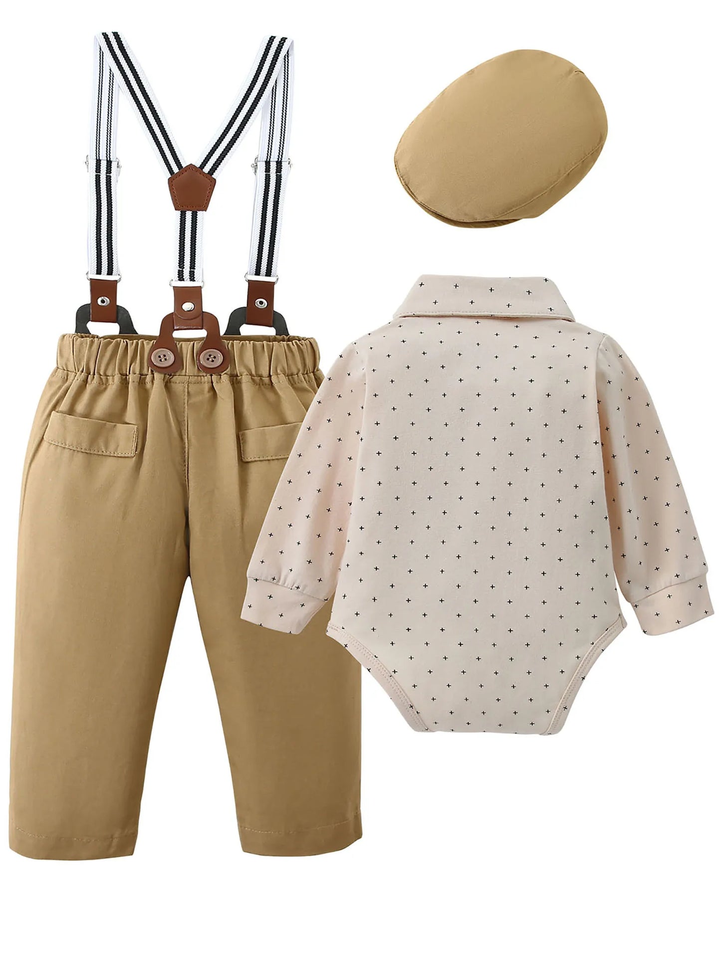Baby Boy Tuxedo Suit Set Shirt Bow Tie Suspenders Beret