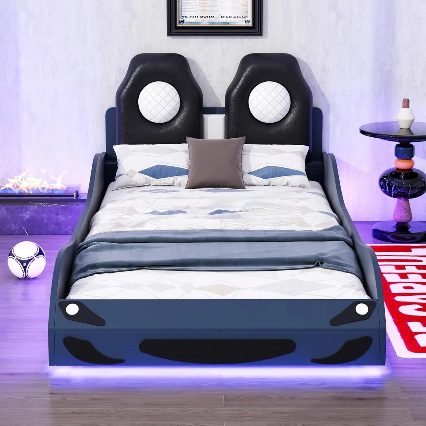 YQXH Race Car Shaped Platform Bed With Integrated LED Lighting