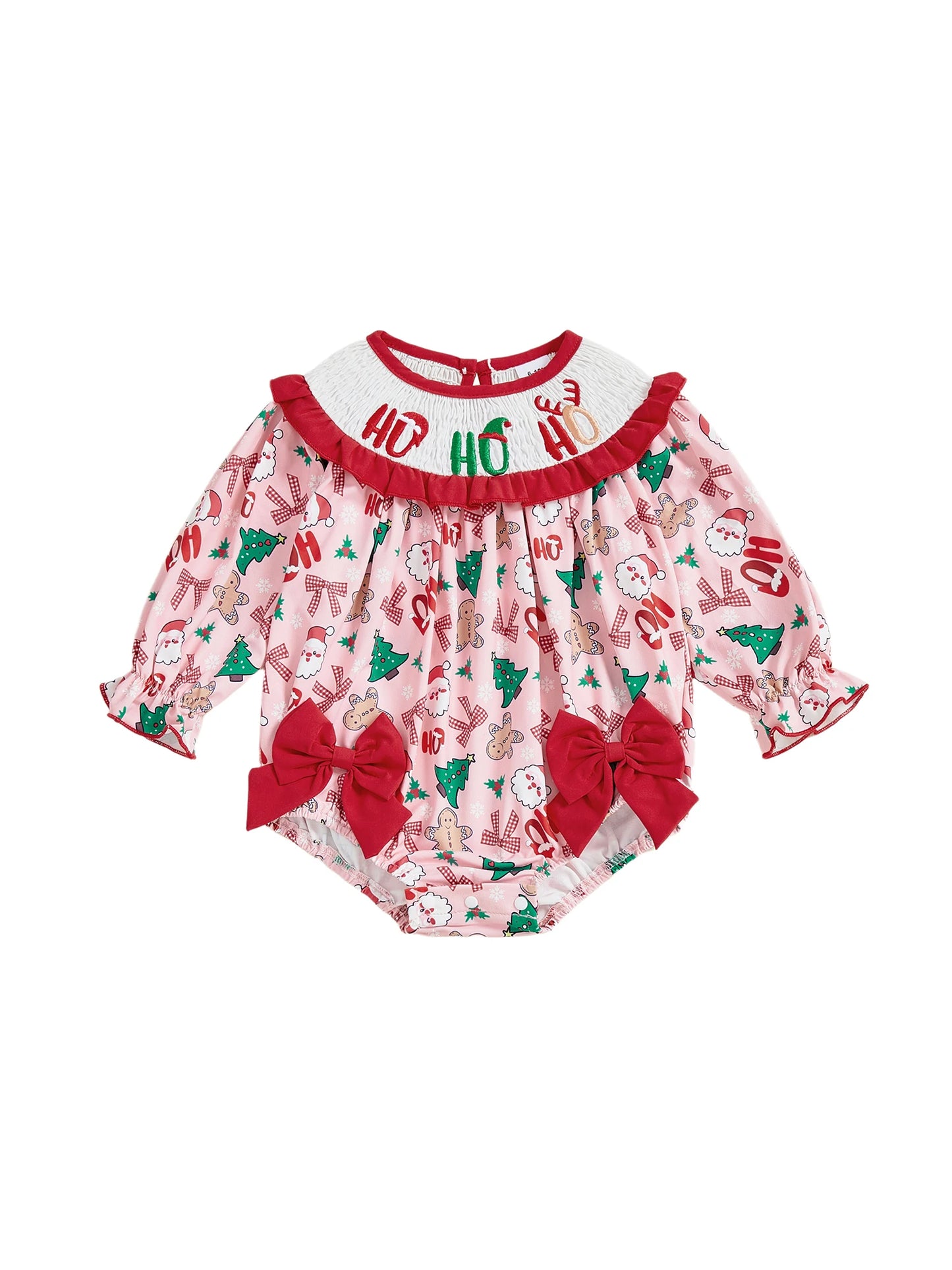 Baby Girl Bubble Romper Fashionable Christmas Tree Embroidery Smocked Long Sleeve Jumpsuit