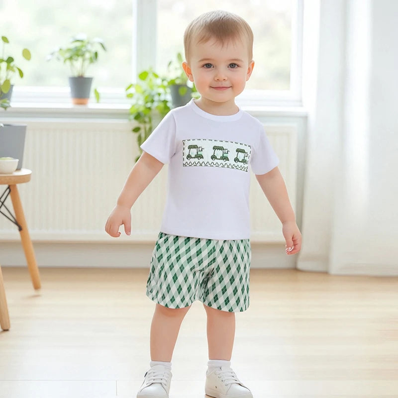 Infant Boy Casual Wear Set Embroidered Tee And Checkered Shorts