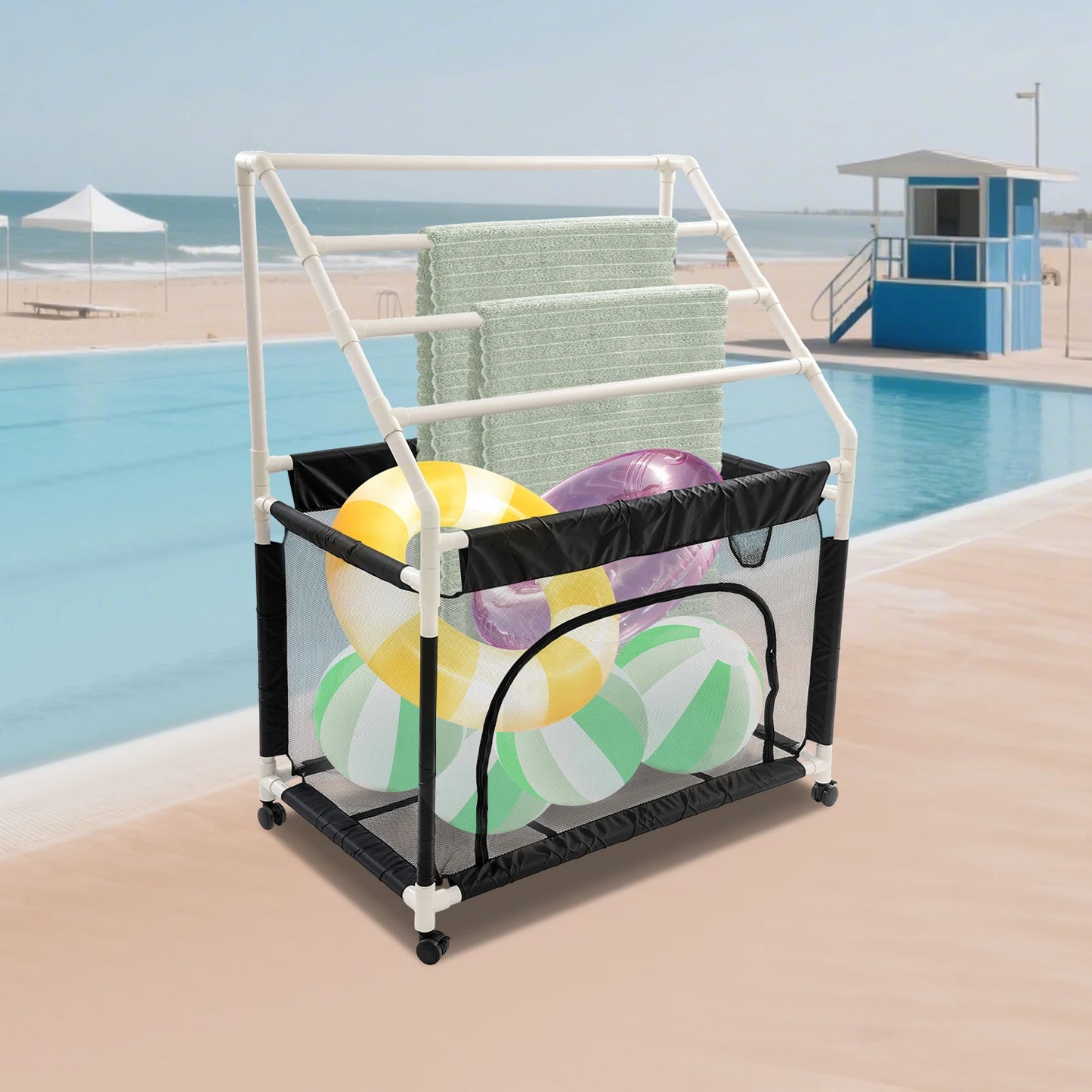 Rolling Pool Noodle Storage Organizer Bin With Mesh Towel Rack