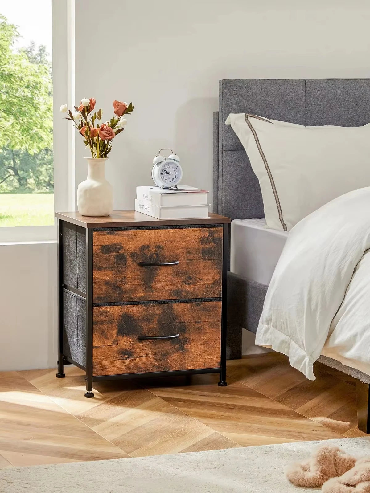 JHK Modern Bedside Nightstand With Two Fabric Storage Drawers