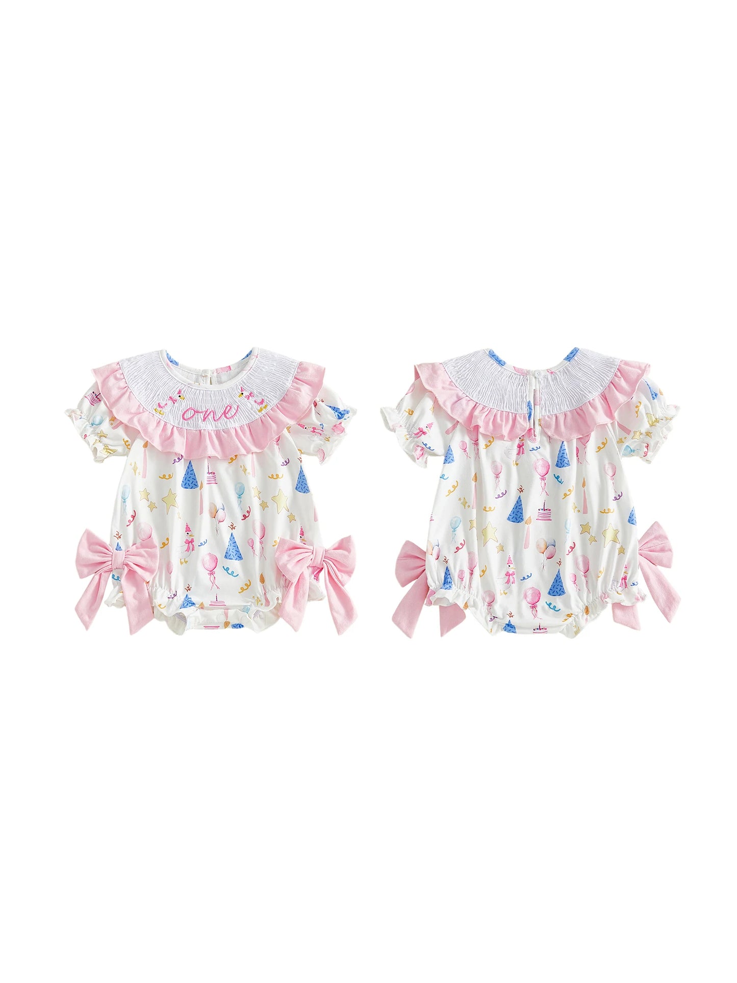 Toddler Girl Pink Floral Print Ruffle Sleeve Romper with Bow Detail and Round Neckline for Birthday Party Celebration
