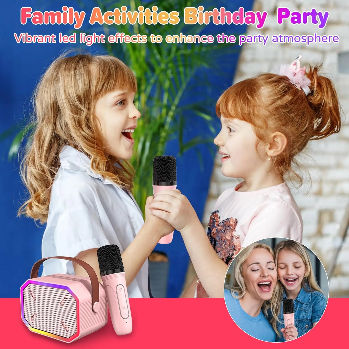 RIVGOTC Mini Karaoke Machine For Kids Bluetooth Wireless Microphones