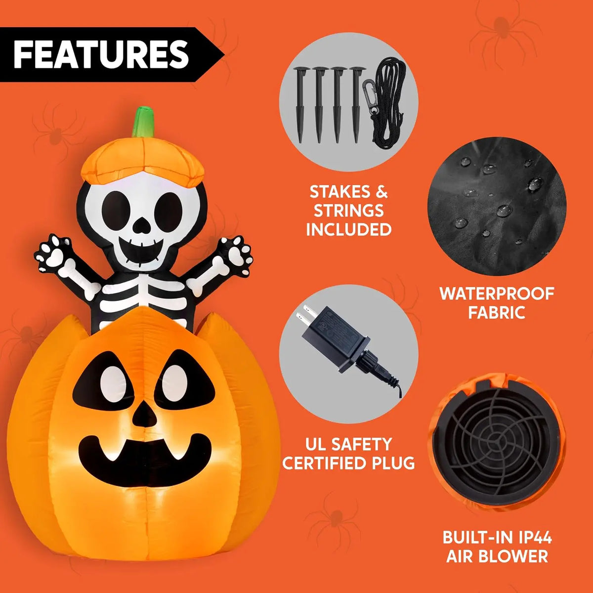 Joyfy Animated Inflatable Skeleton On Pumpkin With LED Halloween Decor