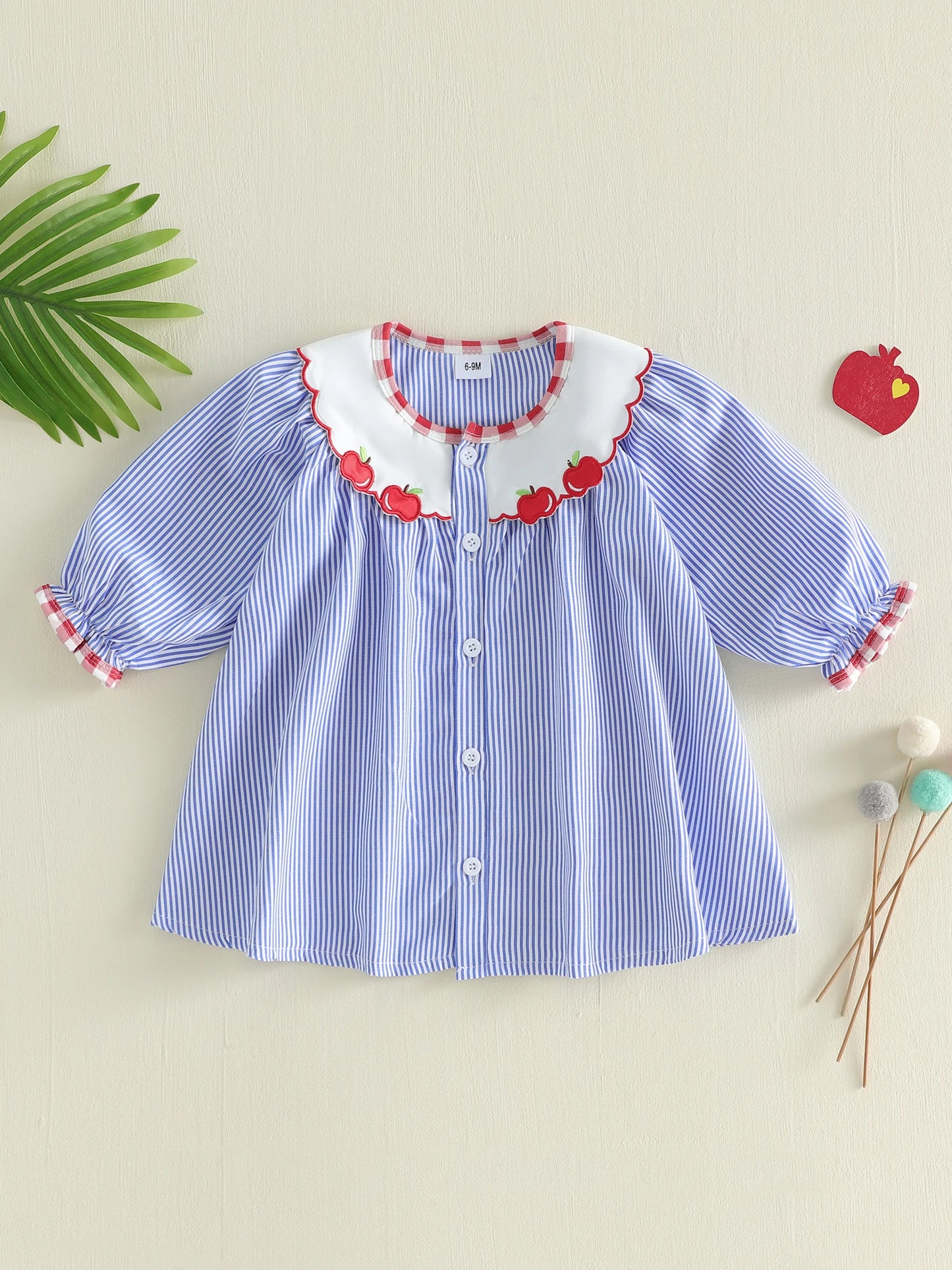 Girls Striped Dress with Apple Embroidery Long Sleeve Round Neck Button Up Dress for Little Girls