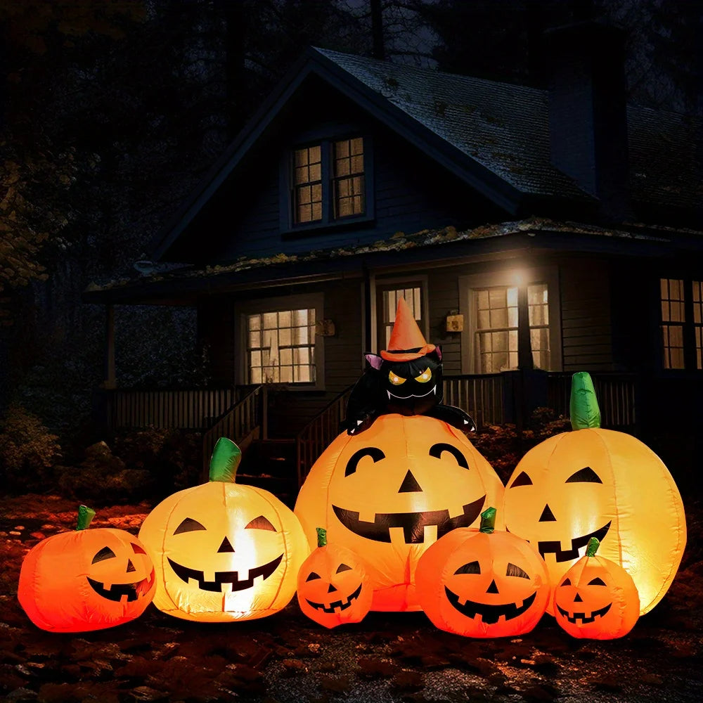 Outdoor Halloween Inflatable Pumpkin Decoration With Witch Cat LED Lights
