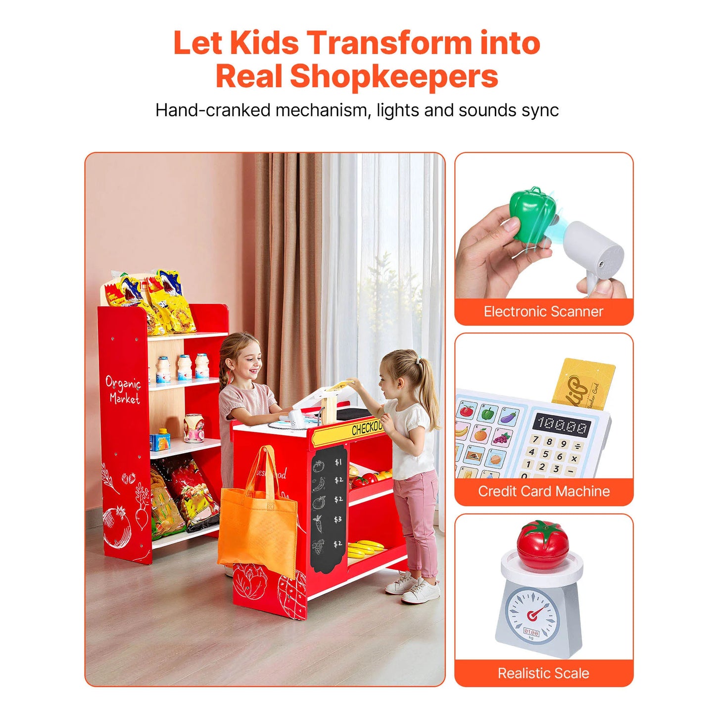 Wooden Kids Grocery Store Playset With Scanner And Cash Register