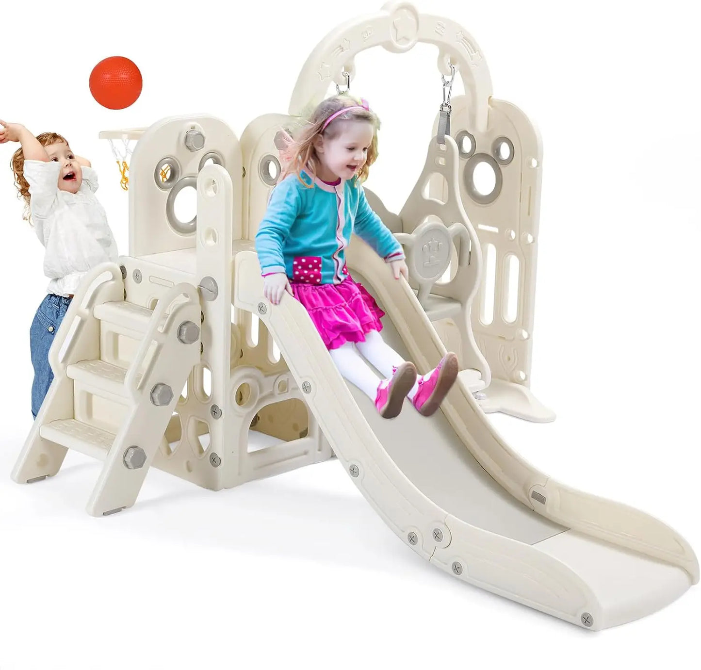 Swing Slide For Kids 6-In-1 Climber With Ball Hoop Toy