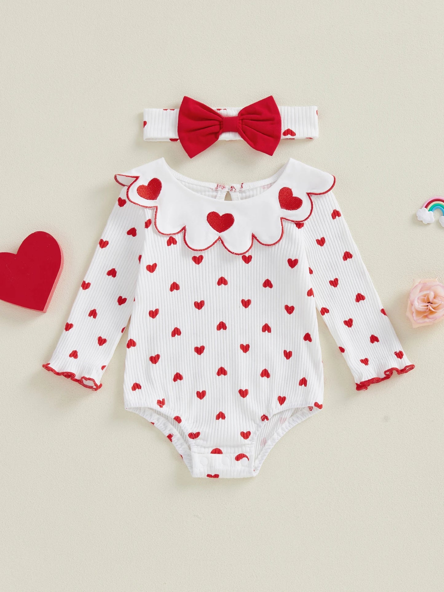 Adorable Toddler Girls Valentine s Day Heart Print Romper with Matching Bow Headband and Ruffle Detail