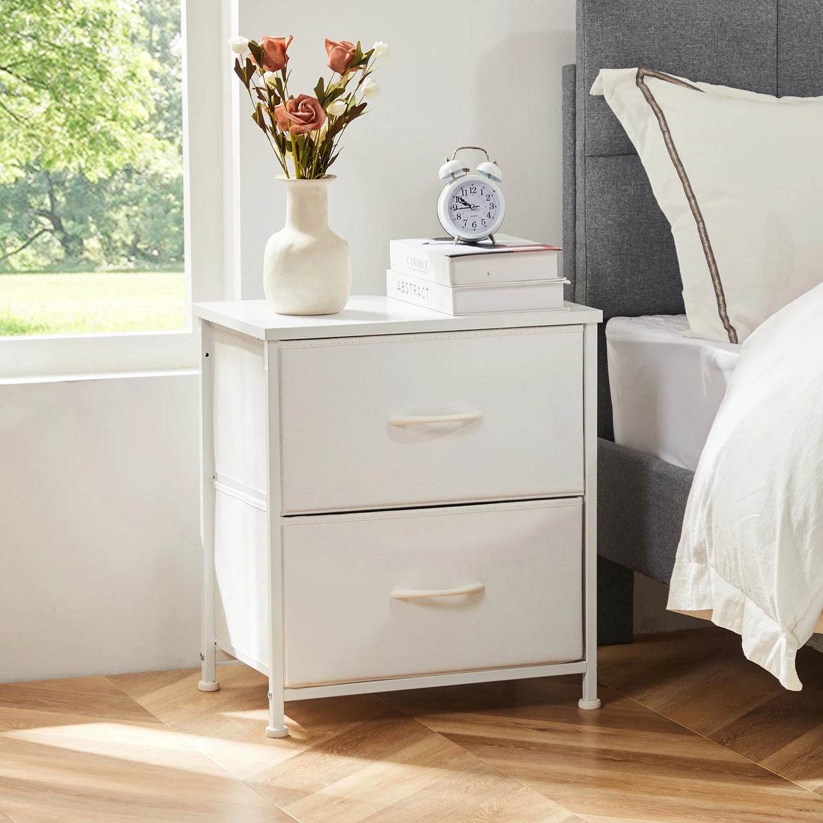 JHK Modern Bedside Nightstand With Two Fabric Storage Drawers