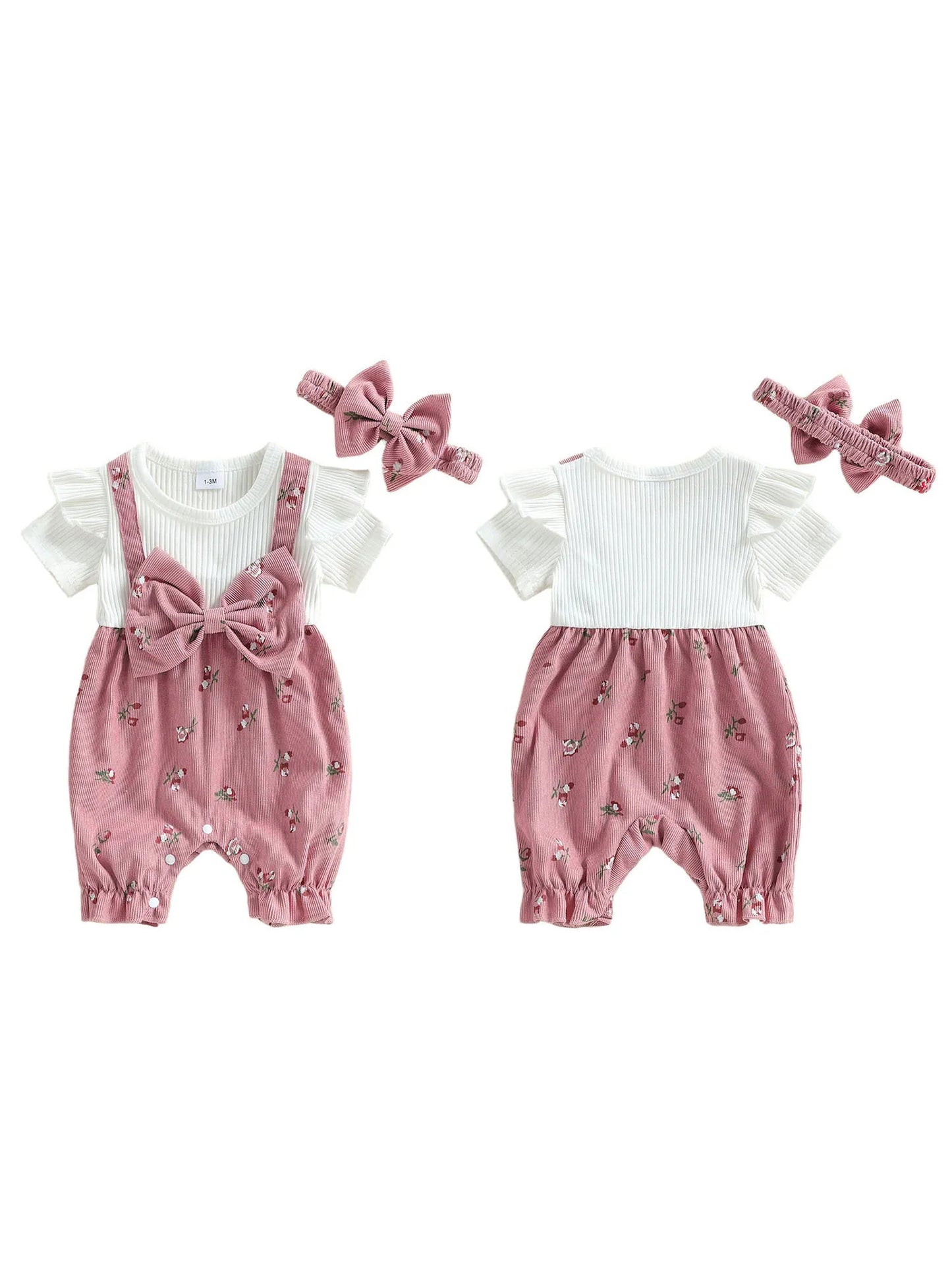Toddler Girl Sleeveless Romper with Ruffle Detail and Matching Bow Headband Set for Summer Beach Outings