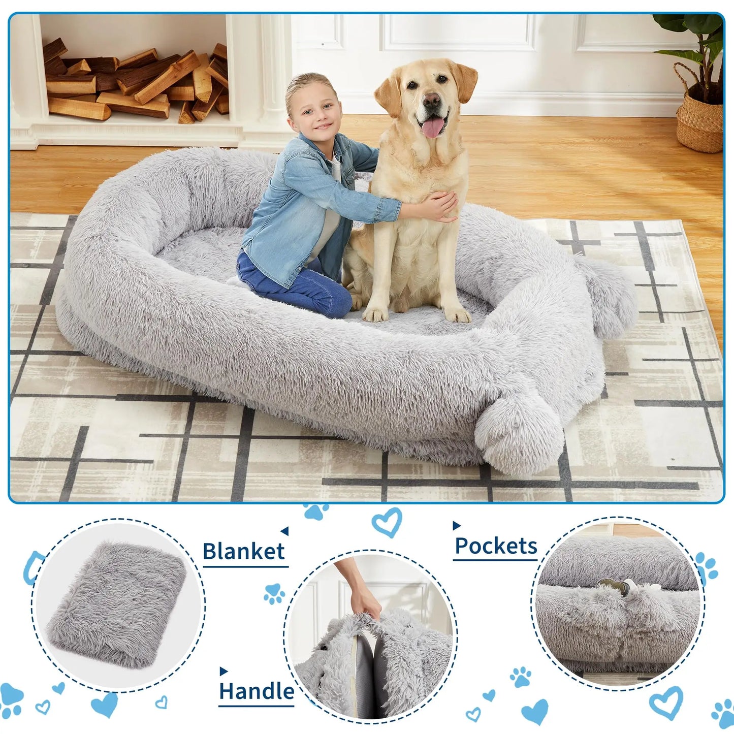 HiMISSCN Dog Bed With Removable Cover Storage Pockets Blanket