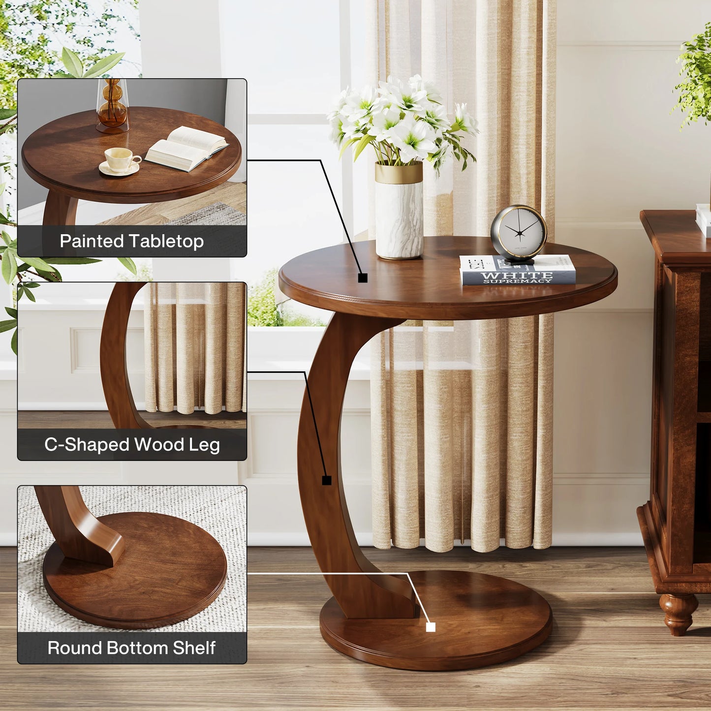 Tribesigns Round End Table Wood C Shaped Side Table Mid Century Retro