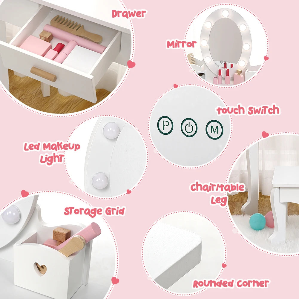 TWISTER.CK Kids Vanity Set With Mirror Lights Wood Makeup Desk And Chair