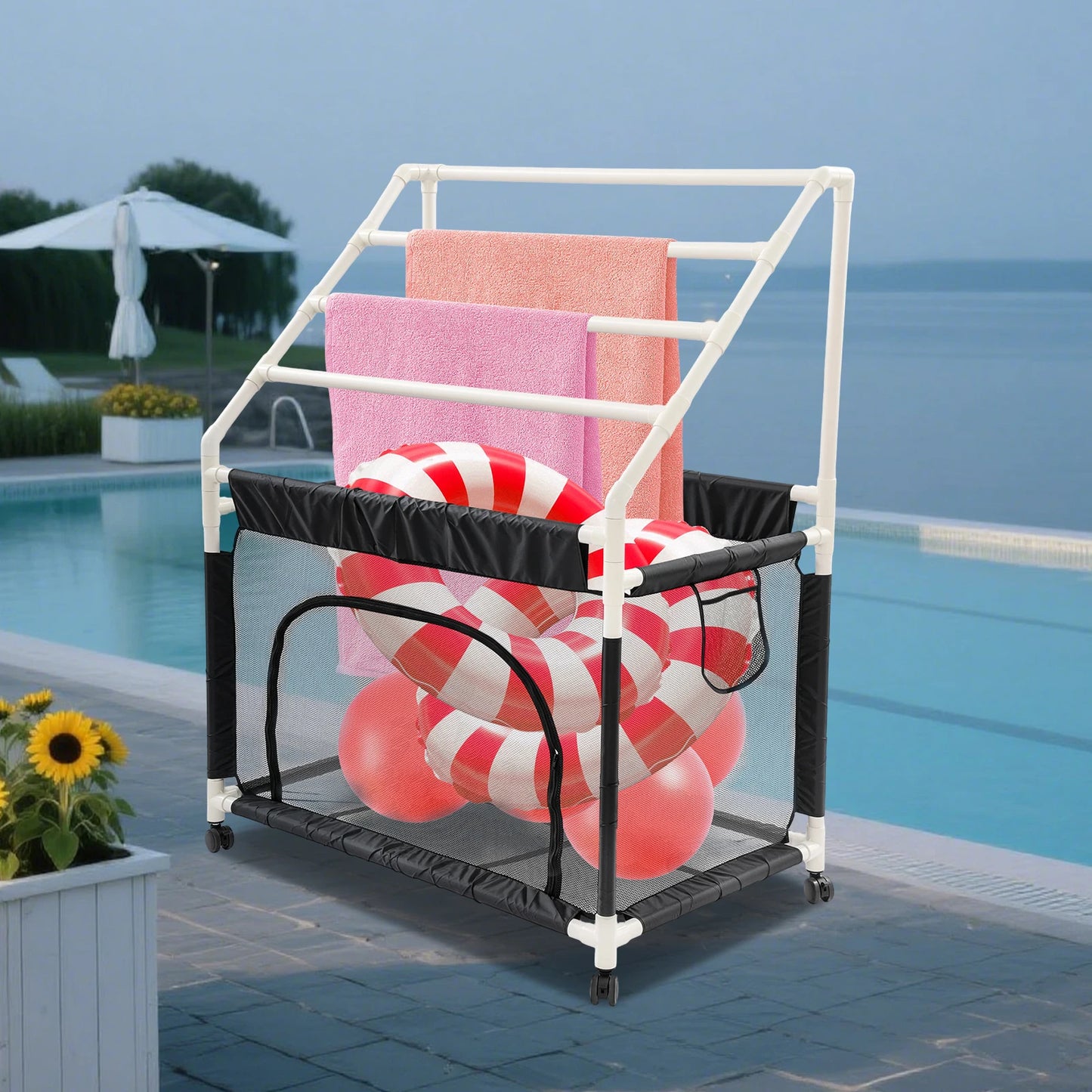 Rolling Pool Noodle Storage Organizer Bin With Mesh Towel Rack