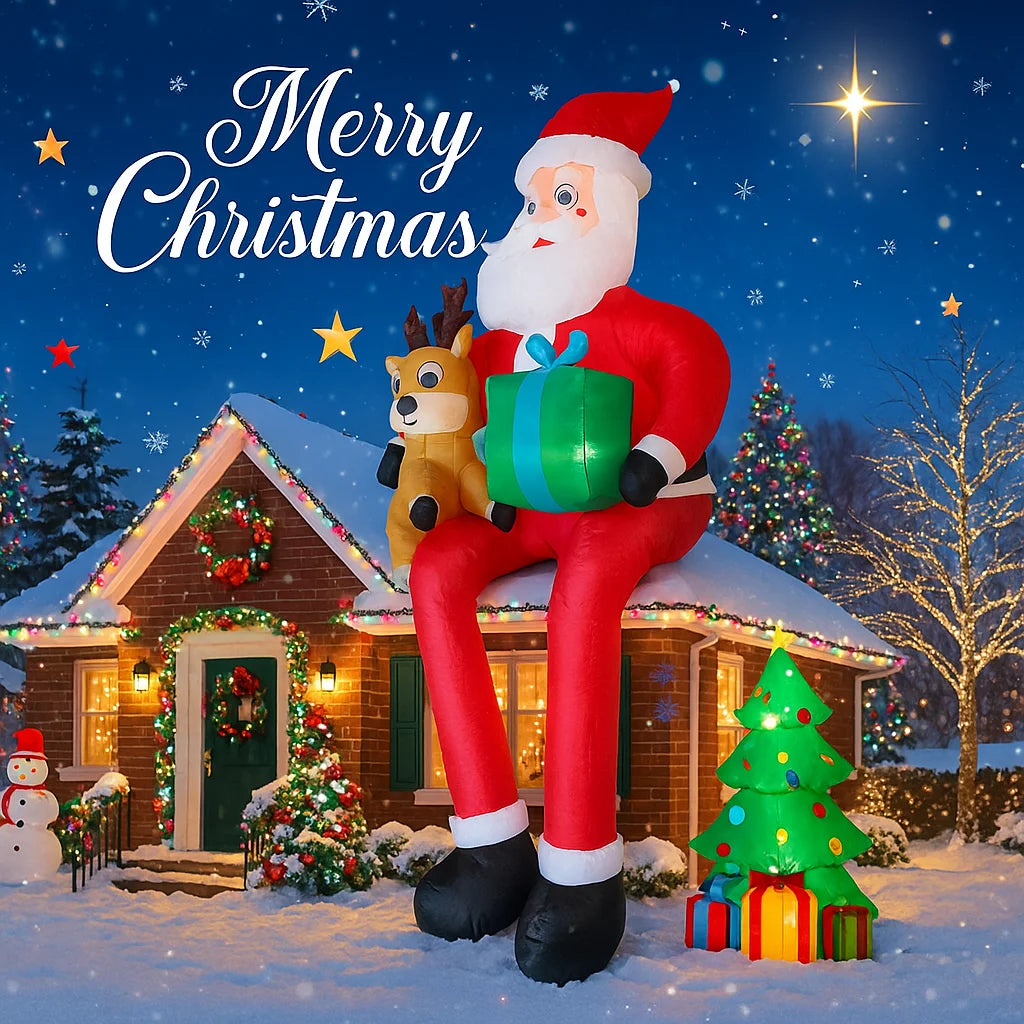 CatXaa Inflatable Christmas Santa With Reindeer Gift LED Yard Decoration