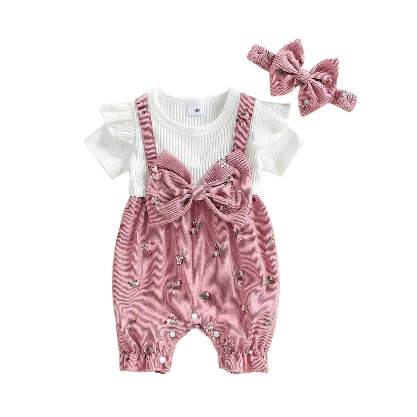 Toddler Girl Sleeveless Romper with Ruffle Detail and Matching Bow Headband Set for Summer Beach Outings