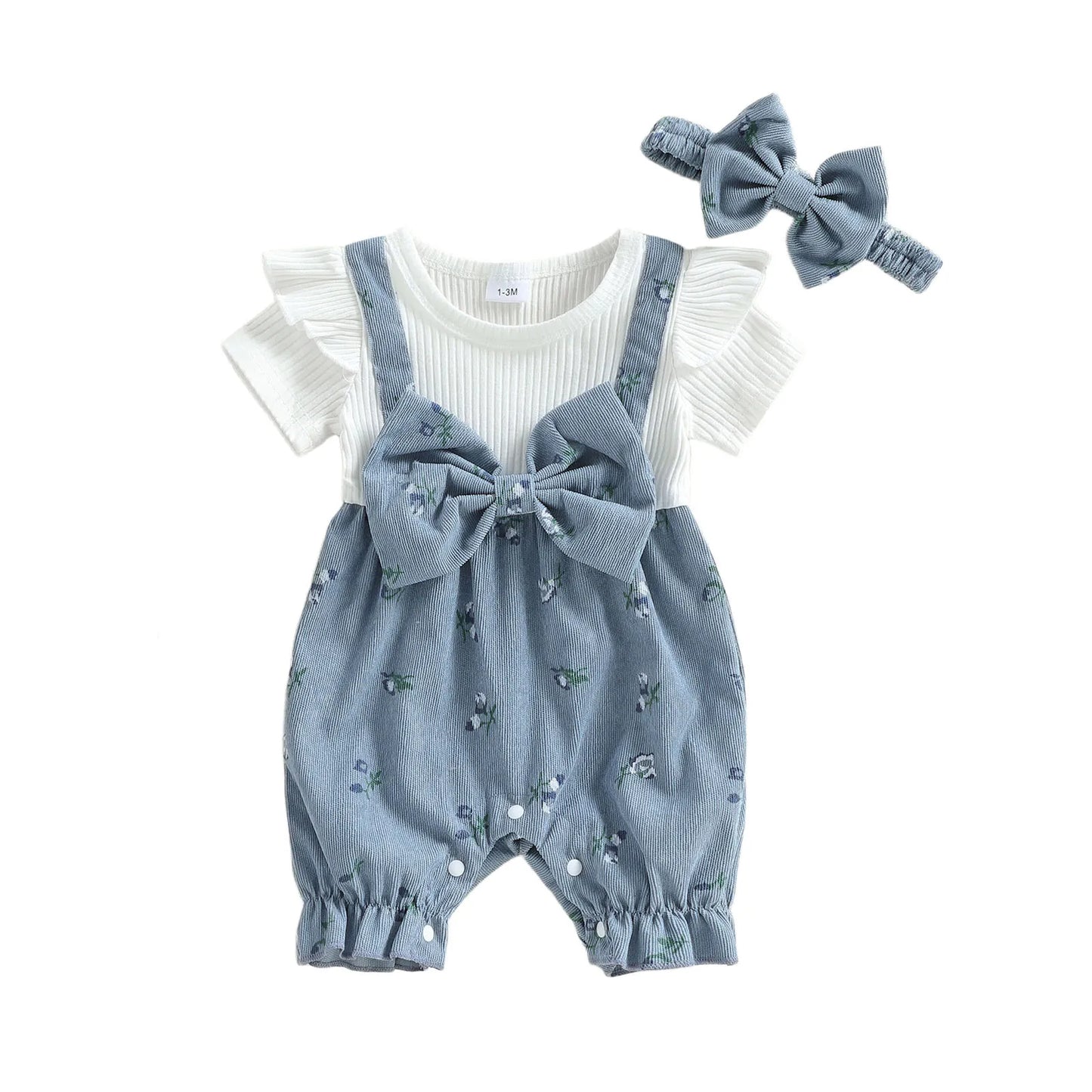 Toddler Girl Sleeveless Romper with Ruffle Detail and Matching Bow Headband Set for Summer Beach Outings