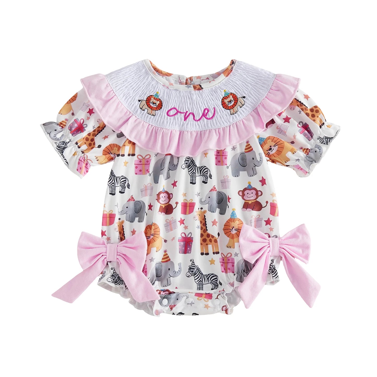 Toddler Girl Pink Floral Print Ruffle Sleeve Romper with Bow Detail and Round Neckline for Birthday Party Celebration