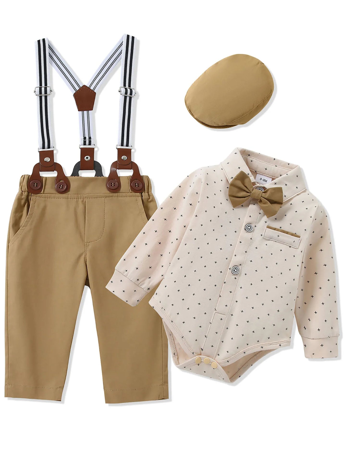 Baby Boy Tuxedo Suit Set Shirt Bow Tie Suspenders Beret