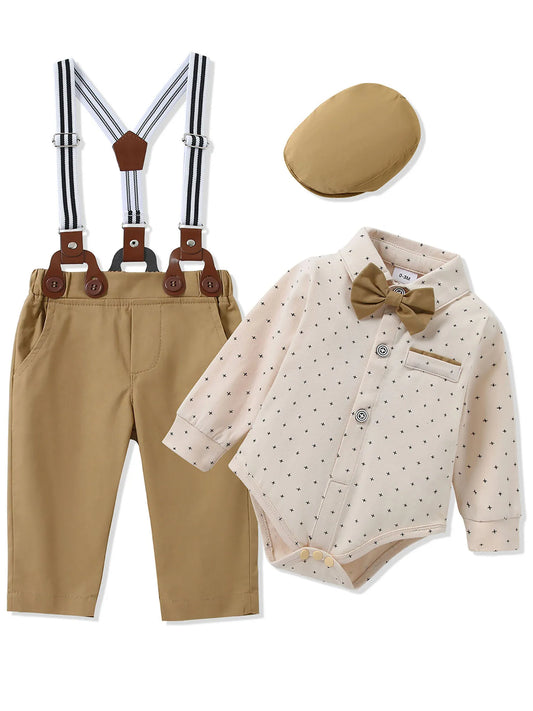 Baby Boy Tuxedo Suit Set Shirt Bow Tie Suspenders Beret