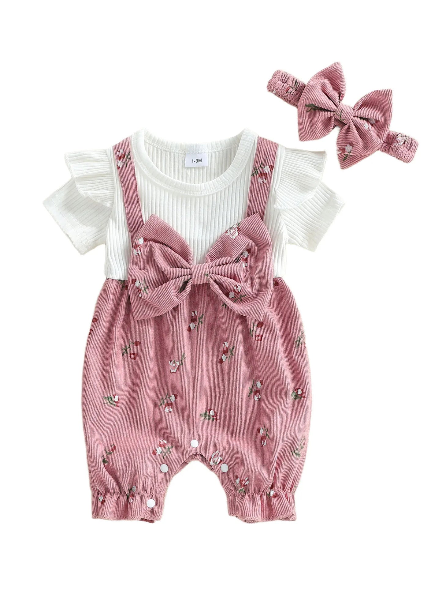 Toddler Girl Sleeveless Romper with Ruffle Detail and Matching Bow Headband Set for Summer Beach Outings