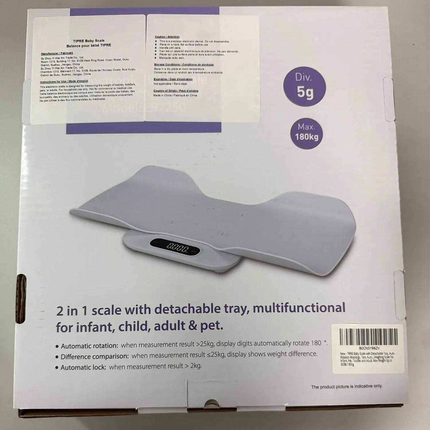 Digital Baby & Pet Scale with Auto-Rotating LED Screen, Detachable Tray, Up to 400lb/180kg for Accurate Weighing