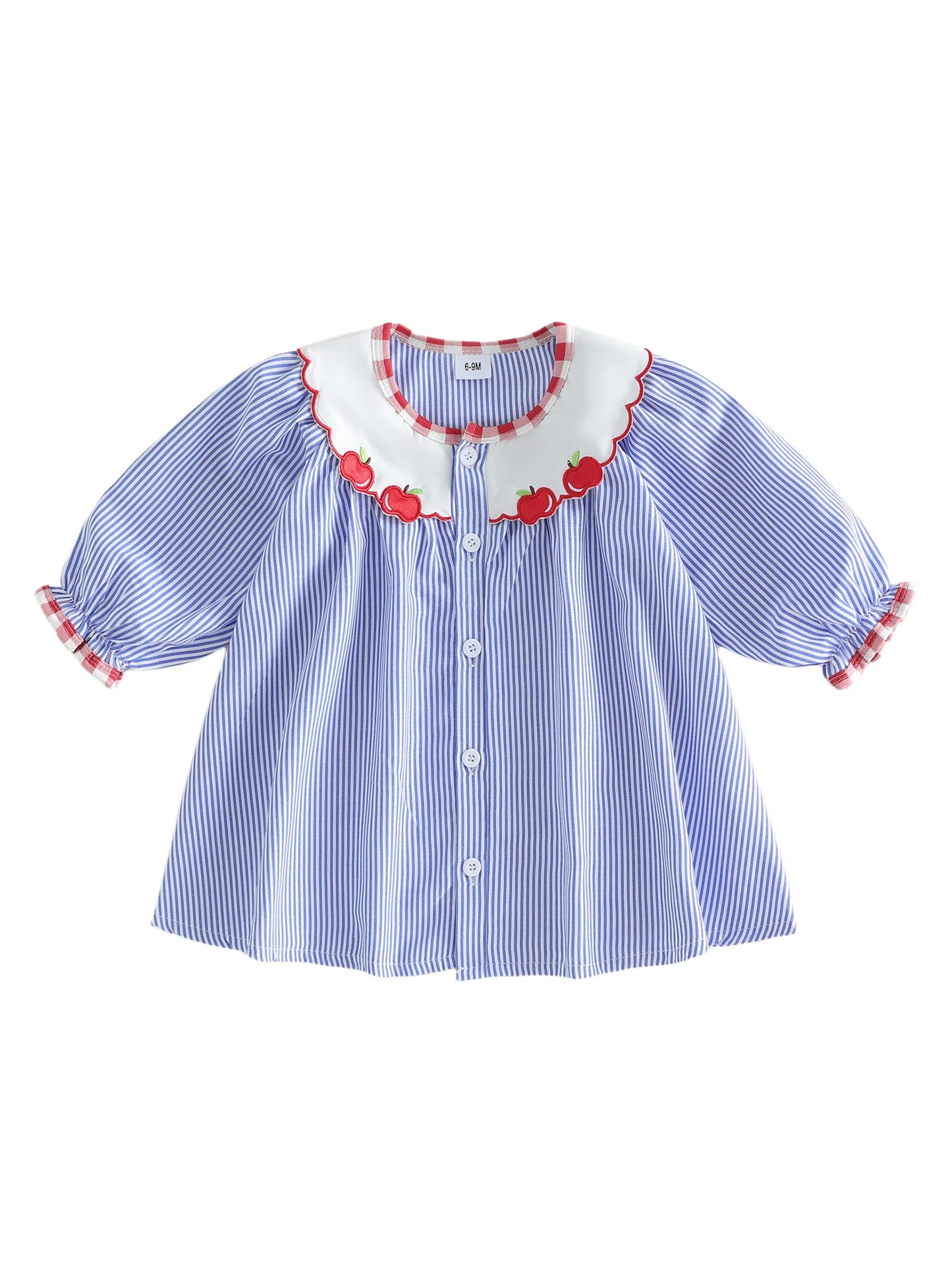Girls Striped Dress with Apple Embroidery Long Sleeve Round Neck Button Up Dress for Little Girls