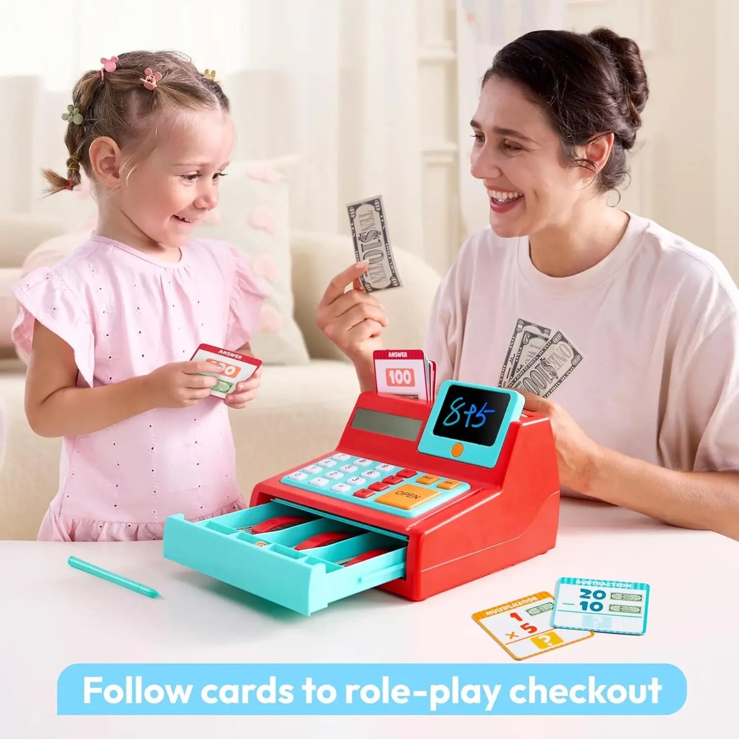 Joyfy Kids Cash Register Toy With Detachable Write And Erase Pad And Play Money