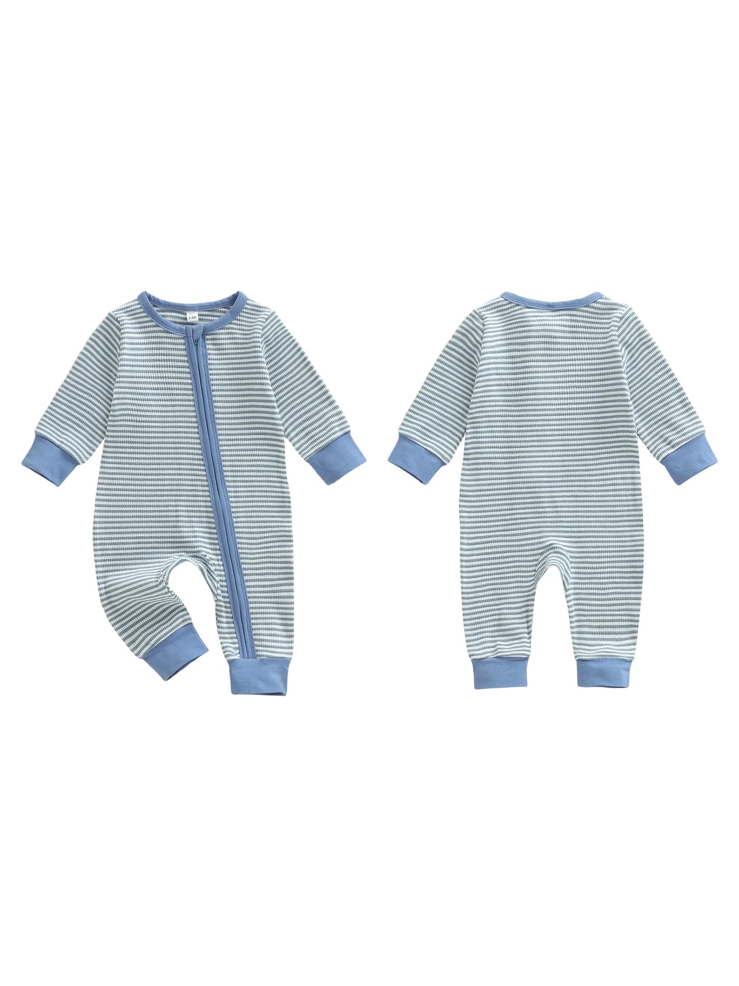 Infant Boy Striped Long Sleeve Zip Up Romper with Round Neck and Full Length Jumpsuit for Baby Boy