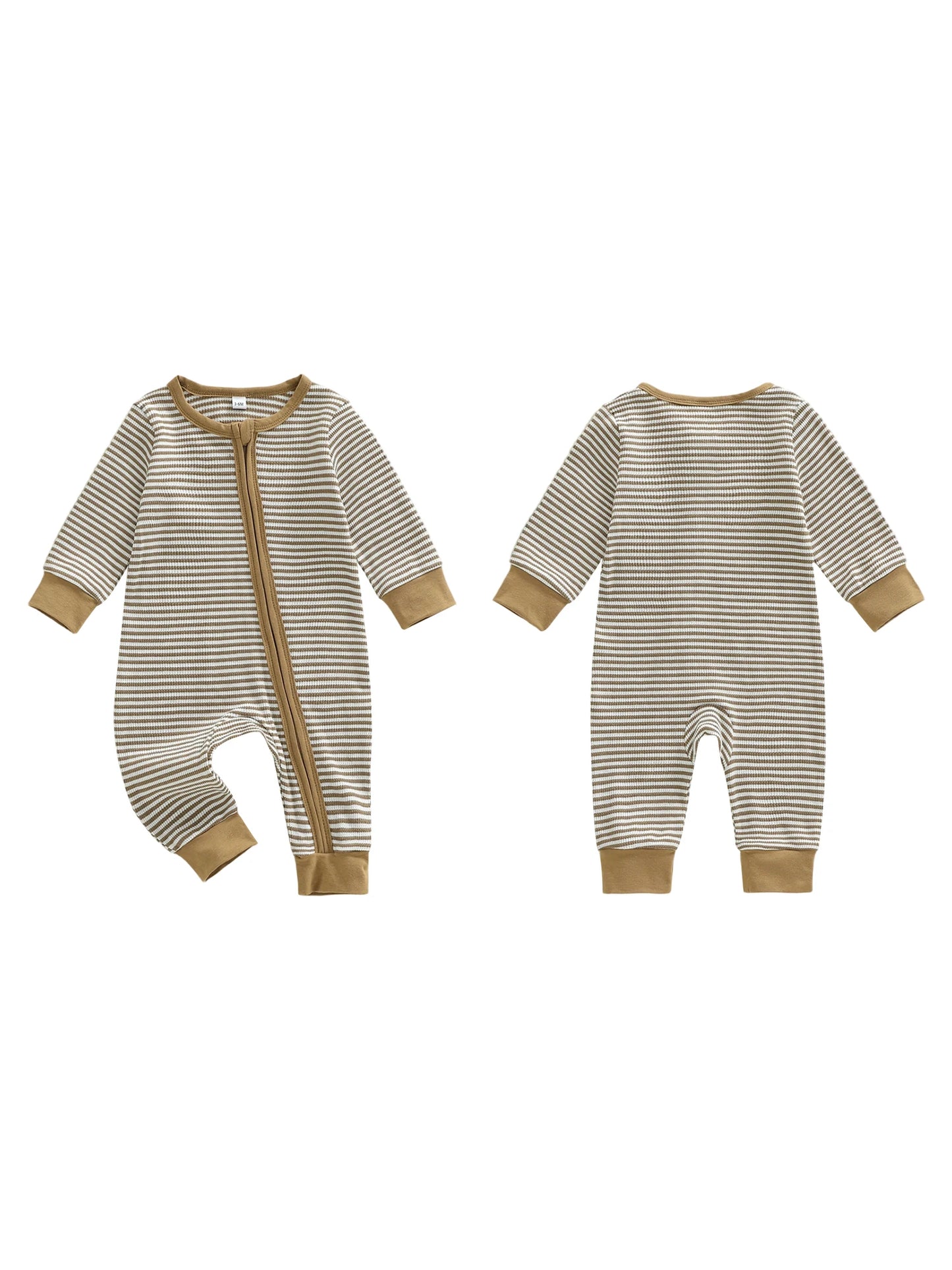 Infant Boy Striped Long Sleeve Zip Up Romper with Round Neck and Full Length Jumpsuit for Baby Boy