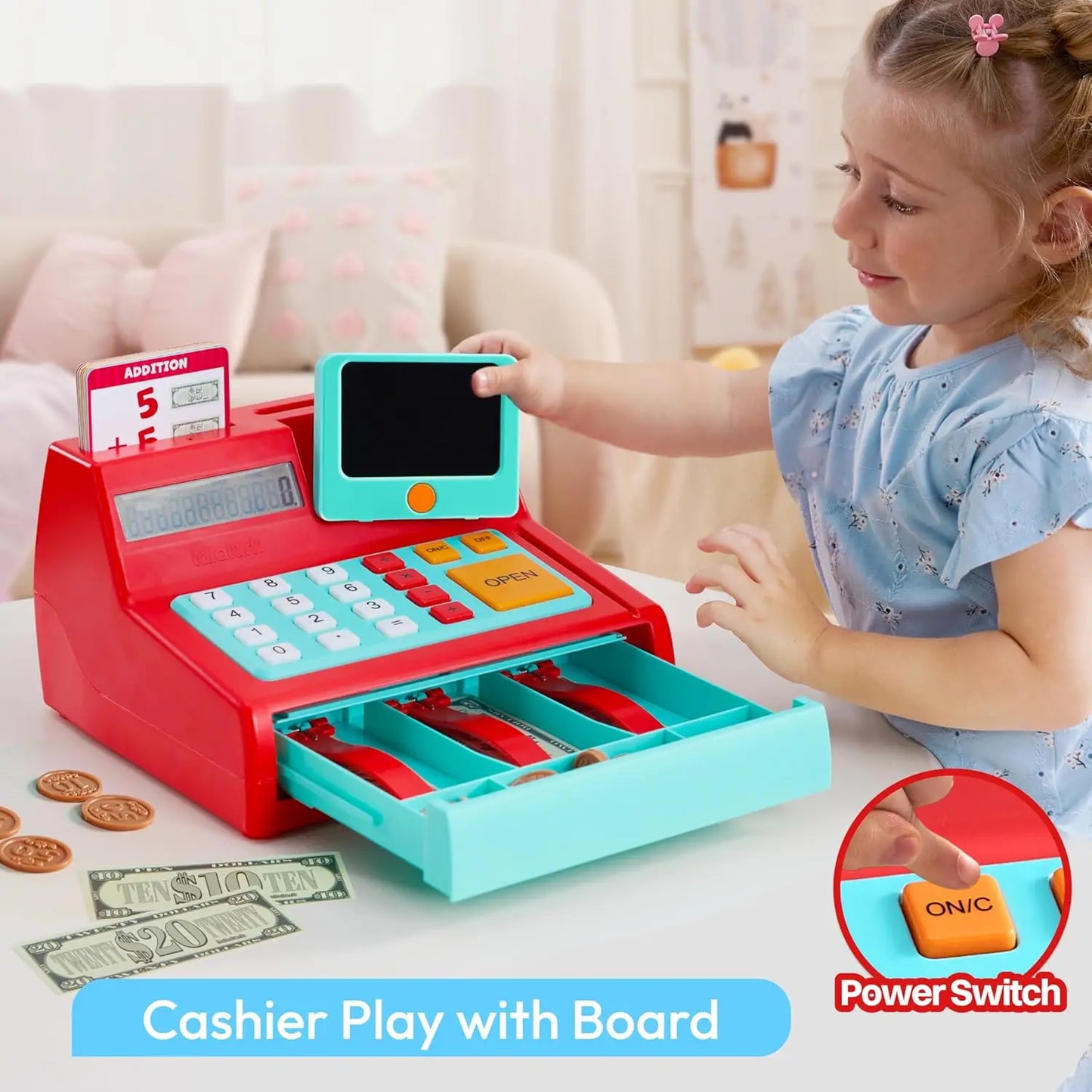 Joyfy Kids Cash Register Toy With Detachable Write And Erase Pad And Play Money
