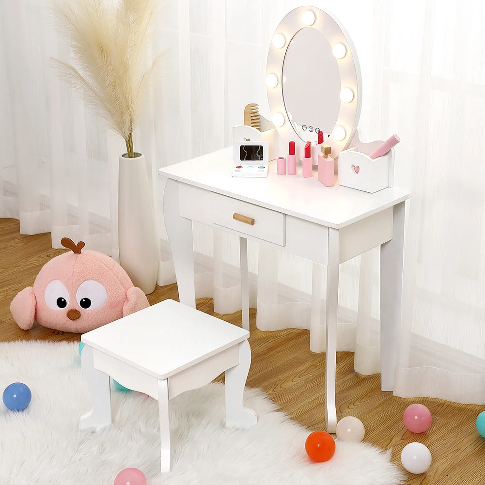 TWISTER.CK Kids Vanity Set With Mirror Lights Wood Makeup Desk And Chair