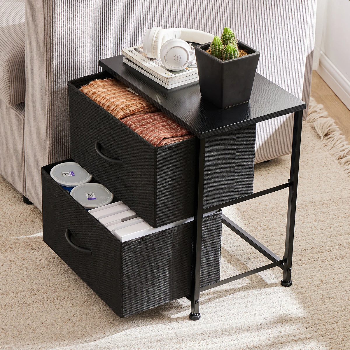 JHK Modern Bedside Nightstand With Two Fabric Storage Drawers