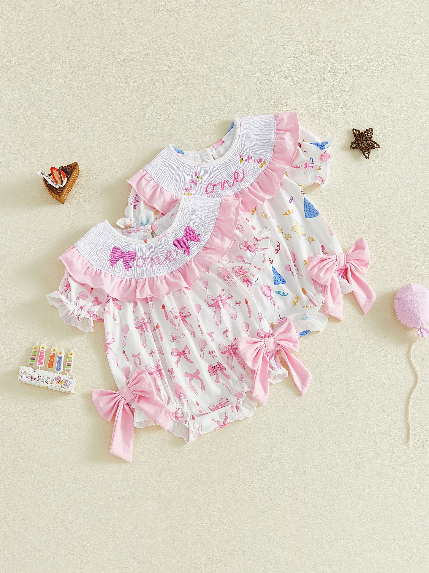 Toddler Girl Pink Floral Print Ruffle Sleeve Romper with Bow Detail and Round Neckline for Birthday Party Celebration