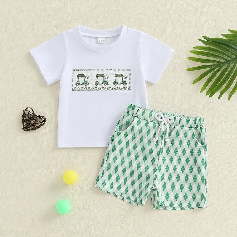 Infant Boy Casual Wear Set Embroidered Tee And Checkered Shorts