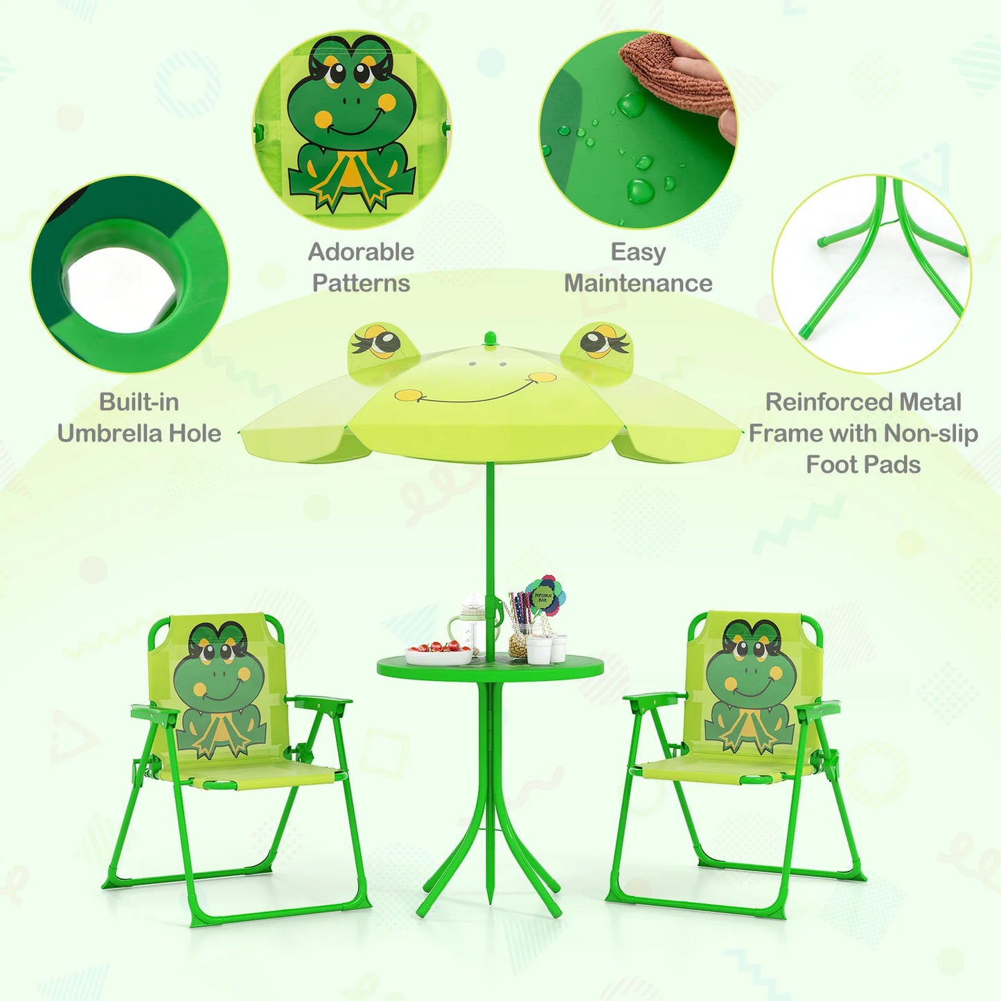 LIFEZEAL Kids Picnic Table Set Folding Chairs Height Adjustable Umbrella