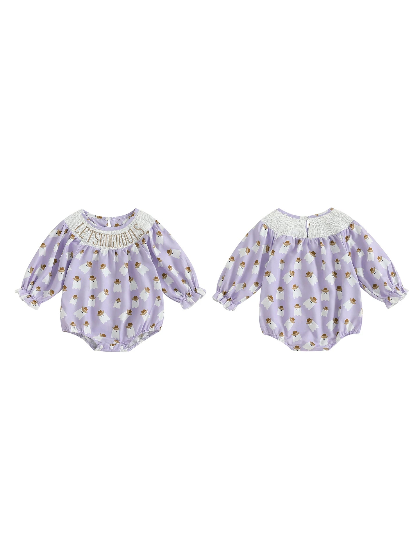 Baby Girls Bubble Romper Halloween Ghost Print Long Sleeve Smocked Letter Embroidery Jumpsuit