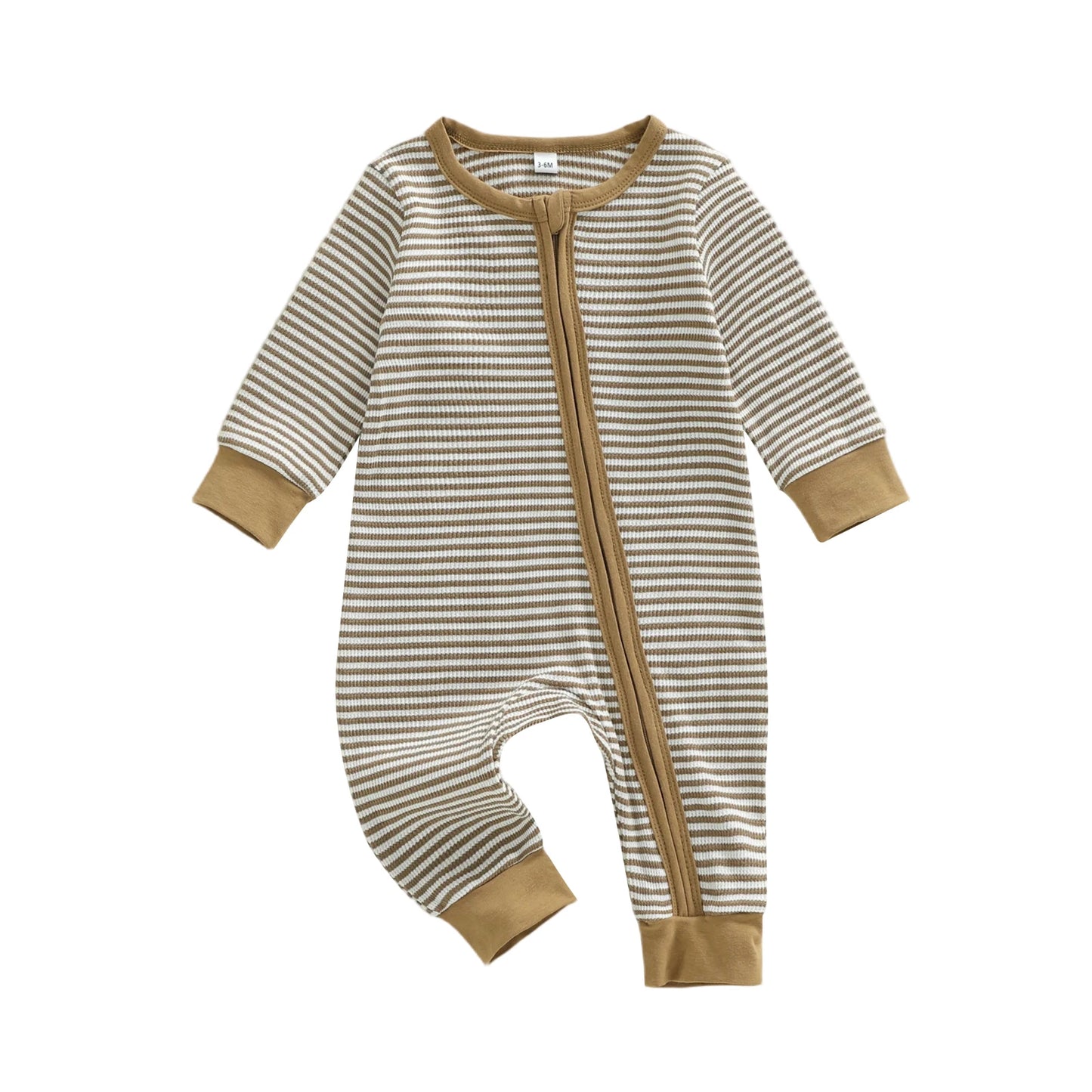 Infant Boy Striped Long Sleeve Zip Up Romper with Round Neck and Full Length Jumpsuit for Baby Boy