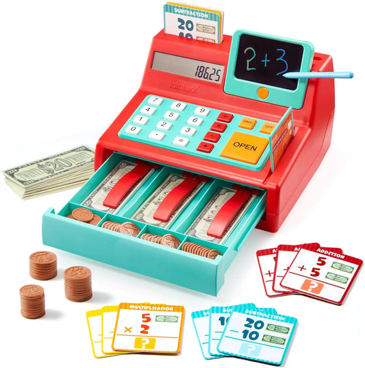 Joyfy Kids Cash Register Toy With Detachable Write And Erase Pad And Play Money