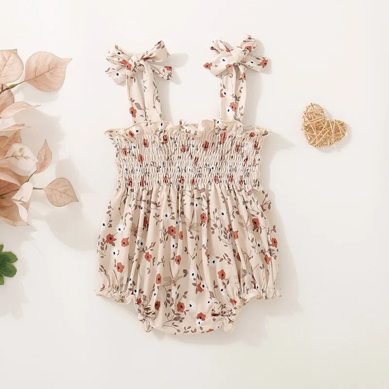 Infant Summer Jumpsuit with Sleeveless Tie Straps Floral Print and Smocked Detailing - Adorable Newborn Romper for Playtime