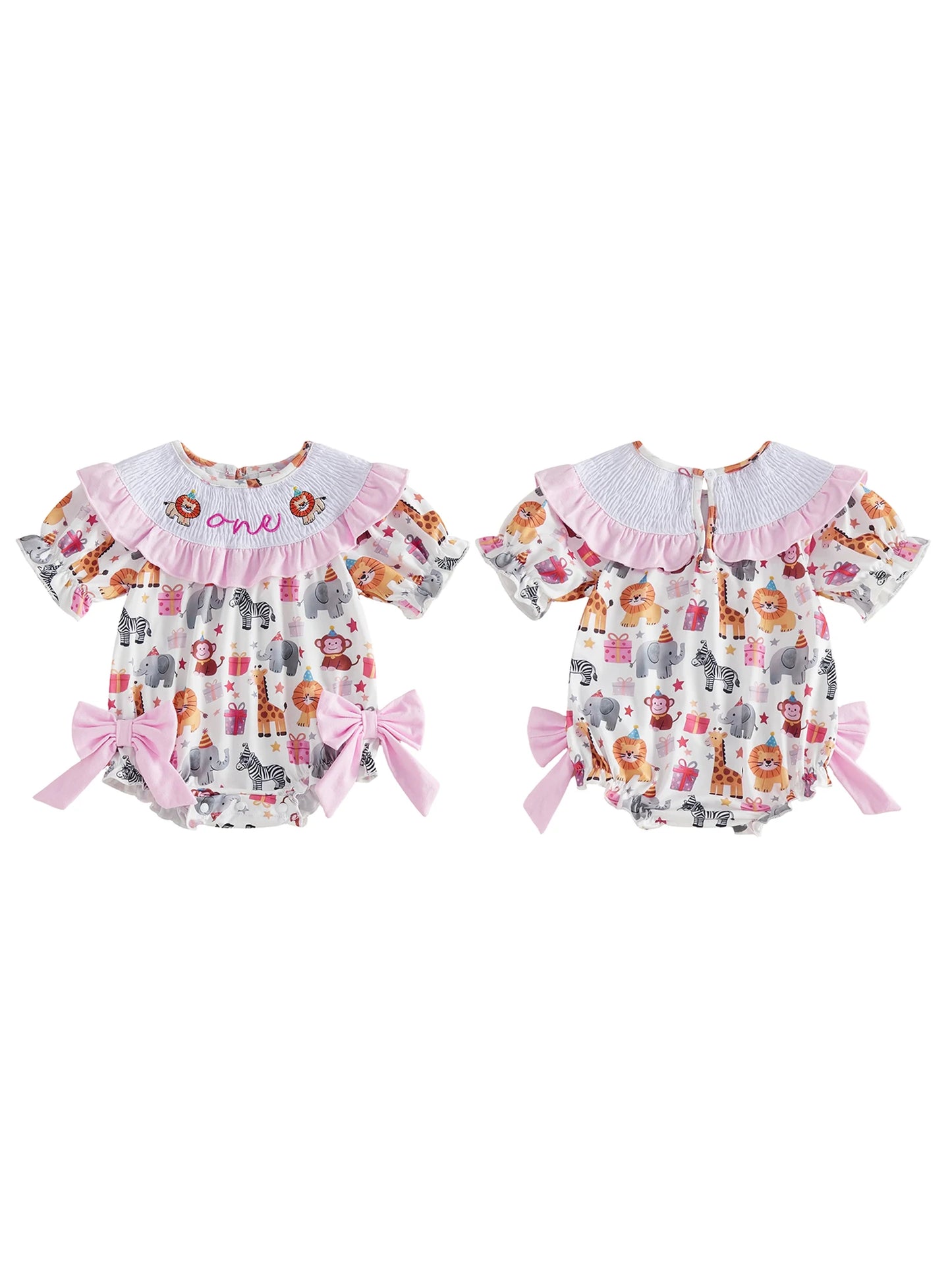 Toddler Girl Pink Floral Print Ruffle Sleeve Romper with Bow Detail and Round Neckline for Birthday Party Celebration