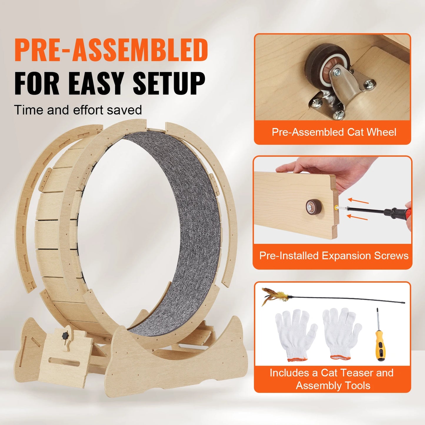 SucceBuy Wooden Cat Exercise Wheel With Detachable Carpet Teaser