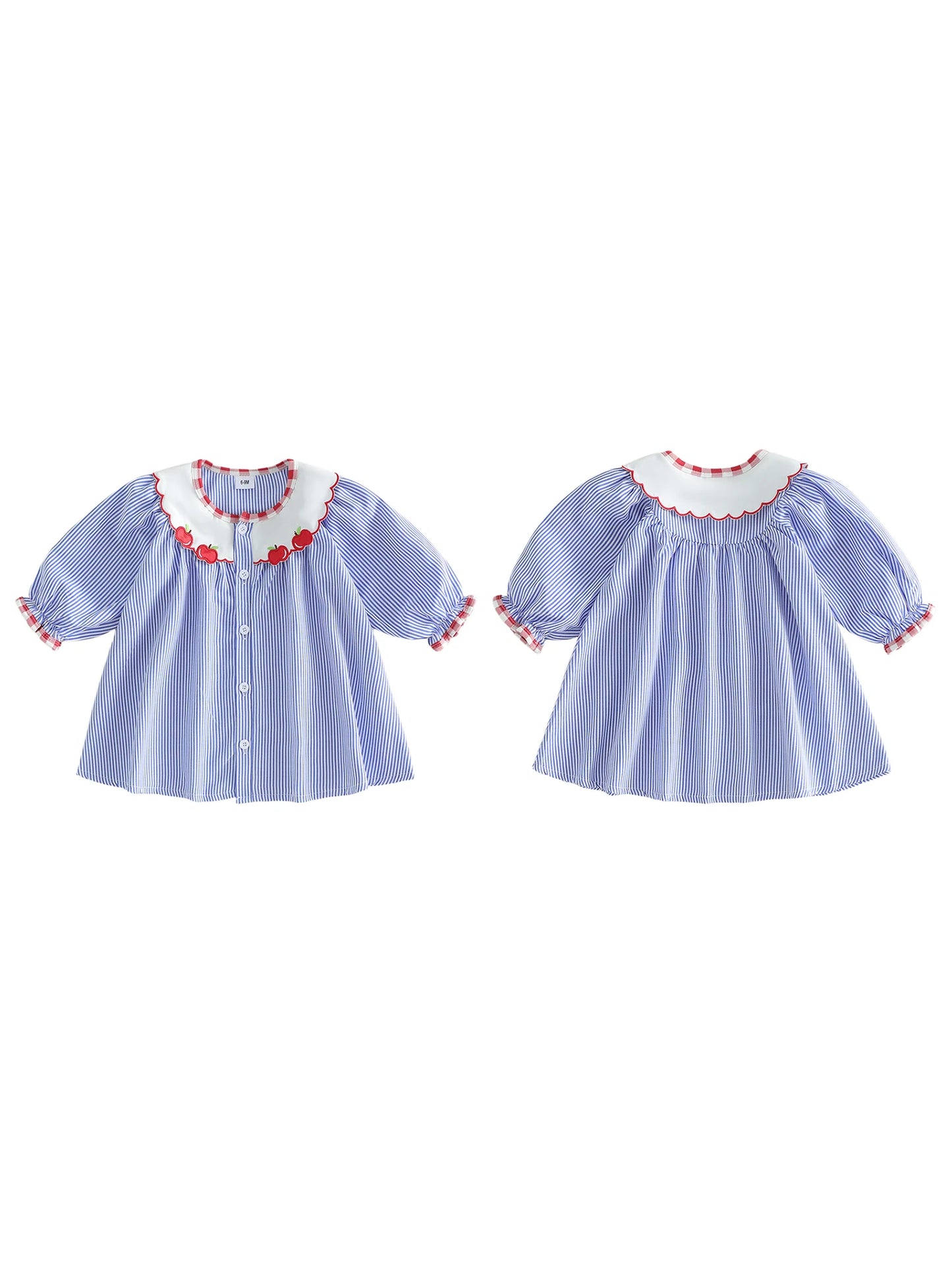 Girls Striped Dress with Apple Embroidery Long Sleeve Round Neck Button Up Dress for Little Girls