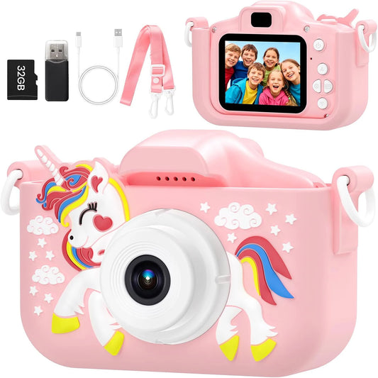 1080P HD Video Photography Camera Mini Digital Camera with Silicone Case Puzzle Game HD Photo 2.0 inch 32G Memory Card Gift
