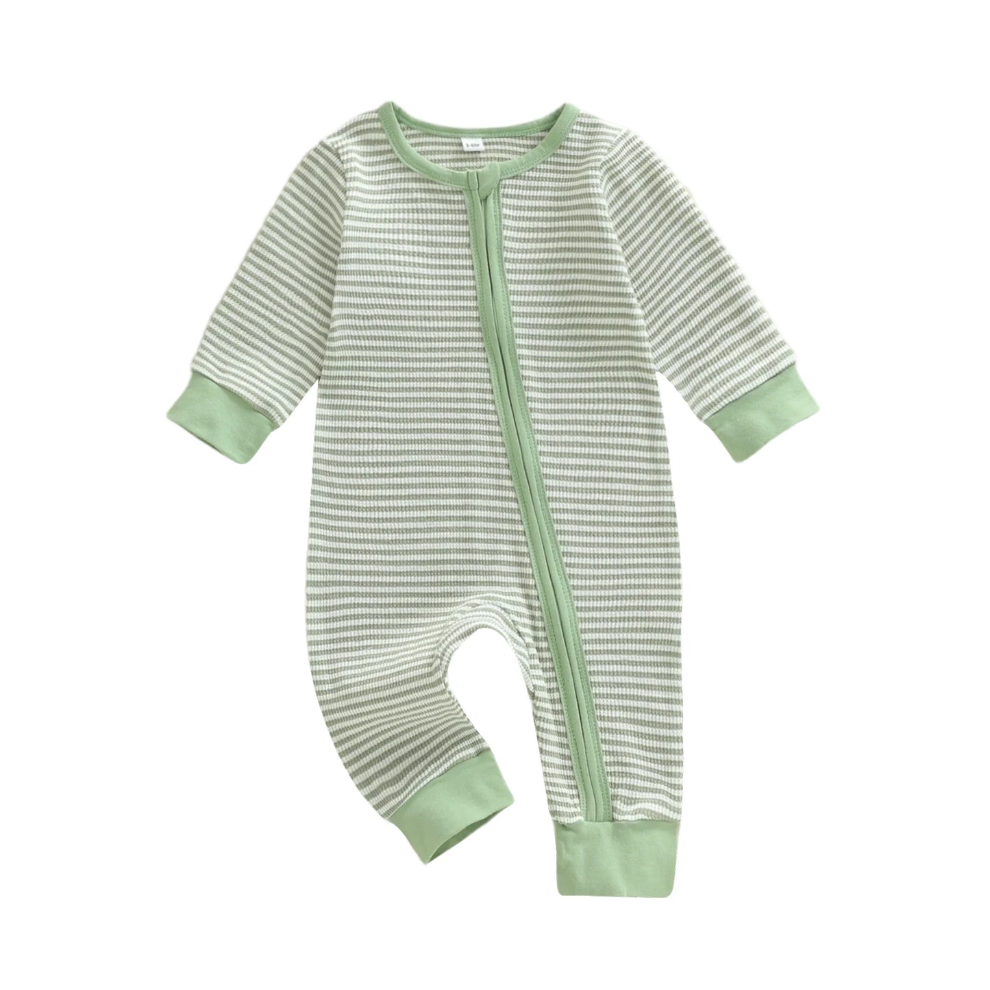 Infant Boy Striped Long Sleeve Zip Up Romper with Round Neck and Full Length Jumpsuit for Baby Boy