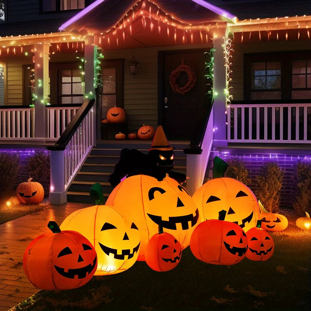 Outdoor Halloween Inflatable Pumpkin Decoration With Witch Cat LED Lights