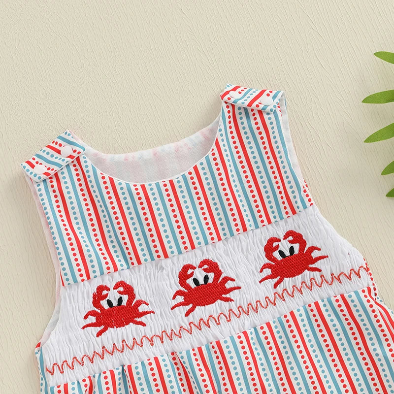 Toddler Boy Sleeveless Romper with Cute Shark Embroidery and Striped Print Summer Tank Jumpsuit for Beachwear and Street Style
