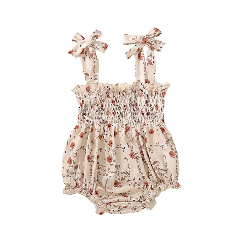 Infant Summer Jumpsuit with Sleeveless Tie Straps Floral Print and Smocked Detailing - Adorable Newborn Romper for Playtime